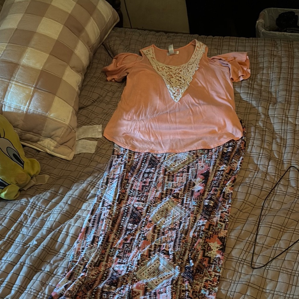 Peach Top with Lace Accent and Patterned Skirt